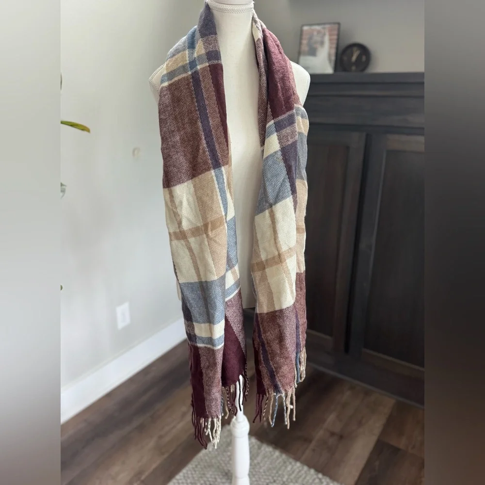 Plaid Fringe Scarf in Cream and Brown Maroon